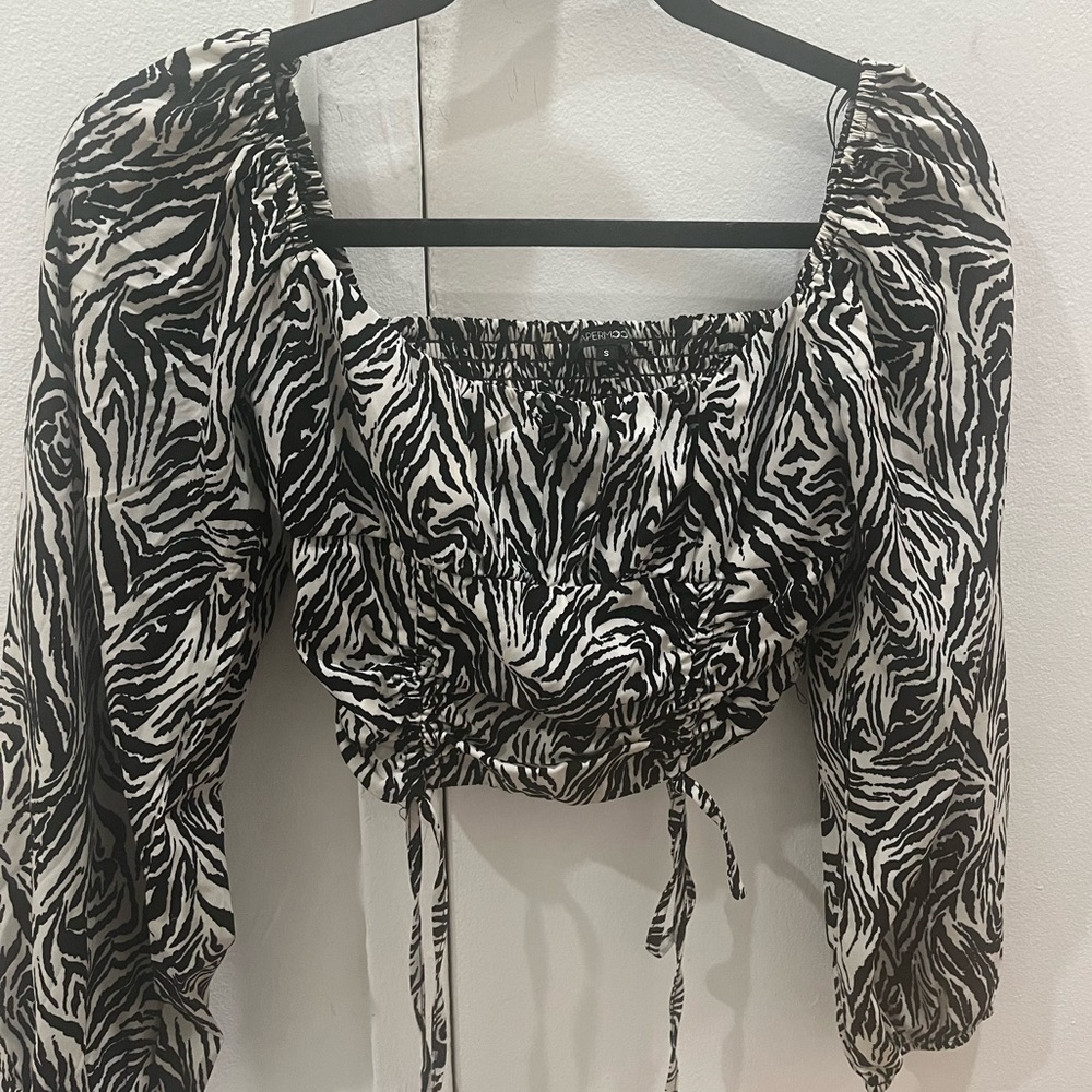 Paper moon black and white zebra print blouse with ties; size small